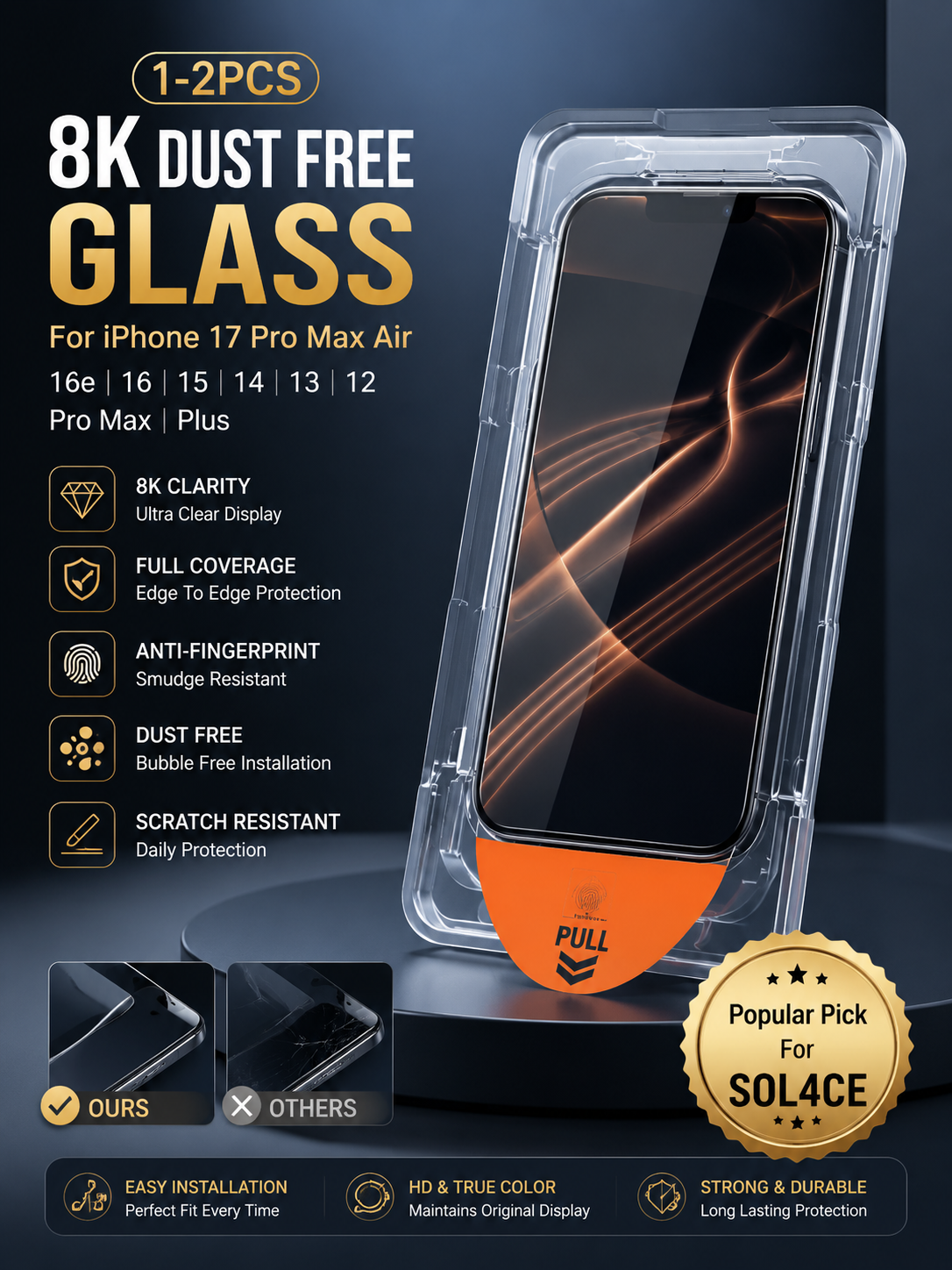 1-2PCS 8K Dust Free Glass For iPhone 17 Pro Max Air 16e 15 13 12 14 16 Pro Max Plus Oleophobic Coate Full Cover Screen Protector
