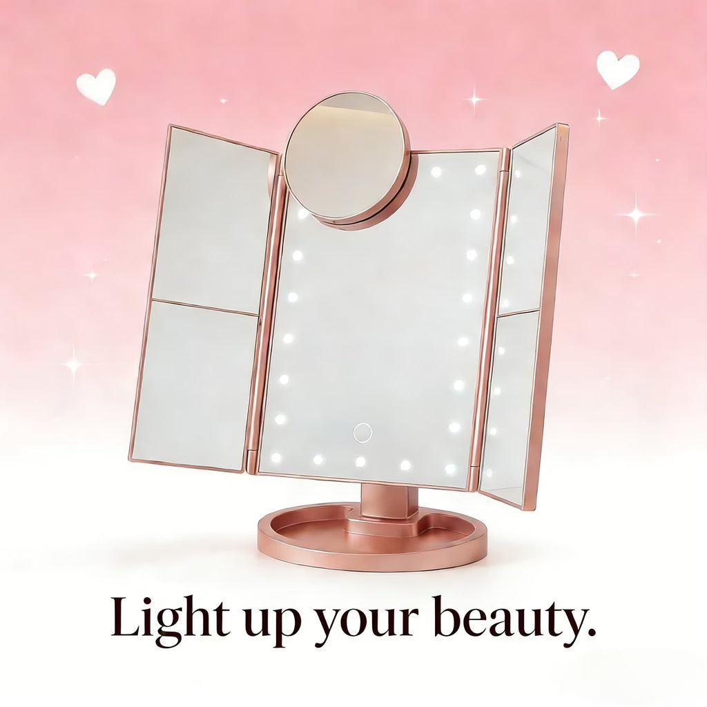 AuraGlow LED Vanity Mirror – Tri-Fold Touch Makeup Mirror