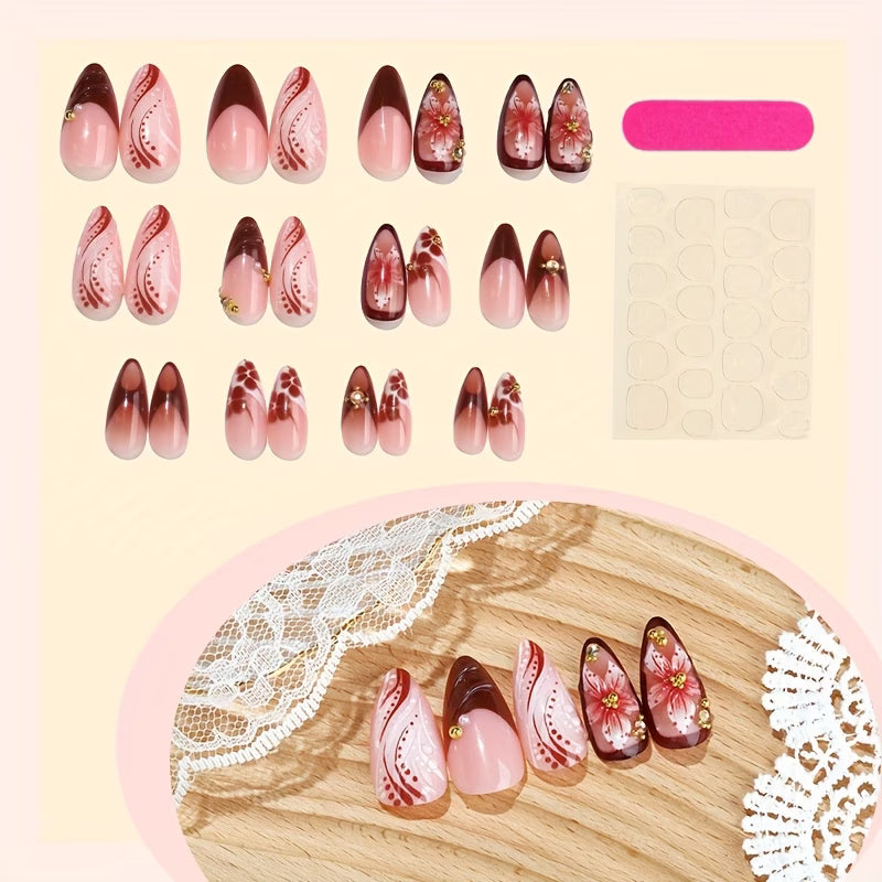 Velvet Bloom Press-On Nails – Glossy French Tip Floral Set