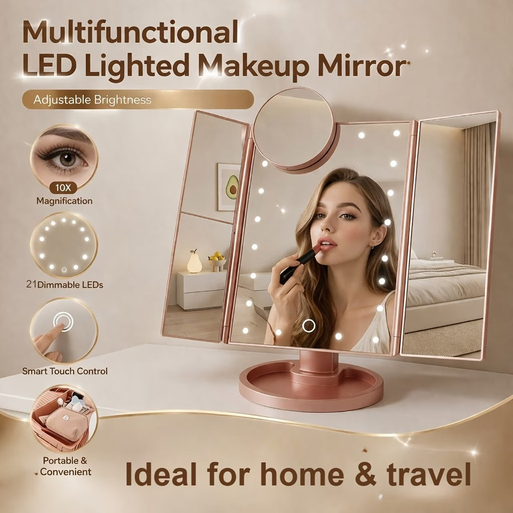 AuraGlow LED Vanity Mirror – Tri-Fold Touch Makeup Mirror