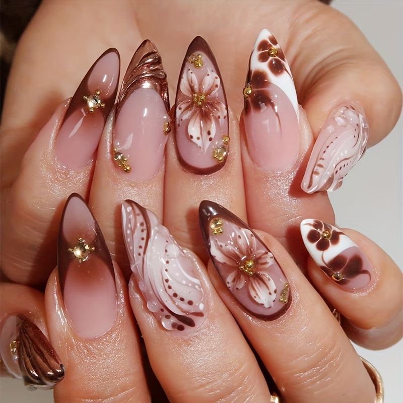 Velvet Bloom Press-On Nails – Glossy French Tip Floral Set