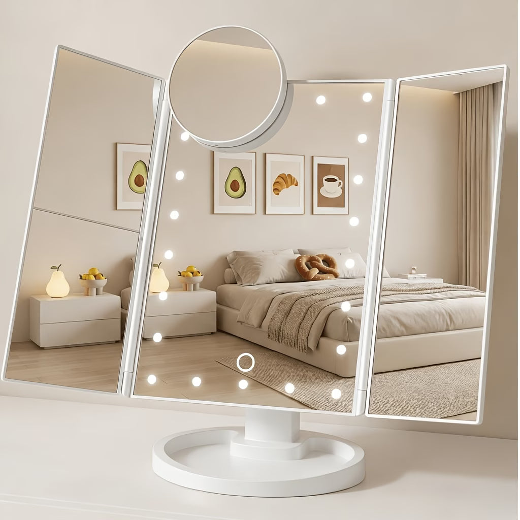 AuraGlow LED Vanity Mirror – Tri-Fold Touch Makeup Mirror