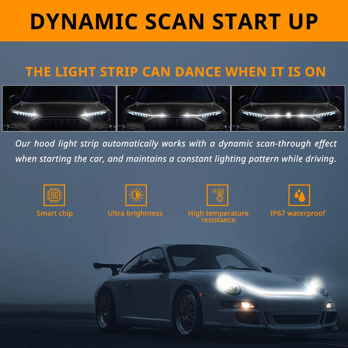 71 inch LED Engine Cover Light Strip Dynamic Scan Start-up Effect Car Hood Upgrade Daytime Running Lights SUV Truck Pickup DRL