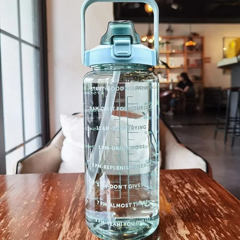 2L Straw Water Bottle Large Capacity Plastic Water Cup Portable Drink Bottle With Time Marker For Outdoor Sports