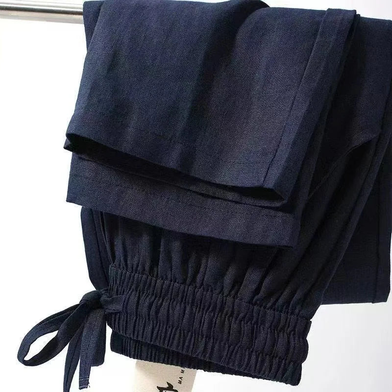 Summer Men's Cotton Linen Long Pants Solid Color Breathable Linen Trousers Male Casual Elastic Waist Casual Pants Harajuku Trous