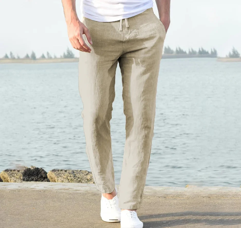 Summer Men's Cotton Linen Long Pants Solid Color Breathable Linen Trousers Male Casual Elastic Waist Casual Pants Harajuku Trous