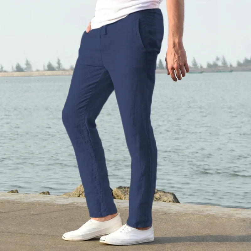 Summer Men's Cotton Linen Long Pants Solid Color Breathable Linen Trousers Male Casual Elastic Waist Casual Pants Harajuku Trous