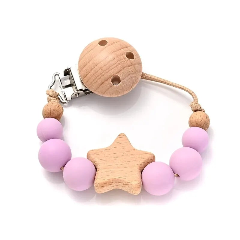 New Baby Pacifier Chain Clips Wood Pentagram Teether Silicone Round Beads Teething Chain For Care Soother Chew Toys Shower Gift