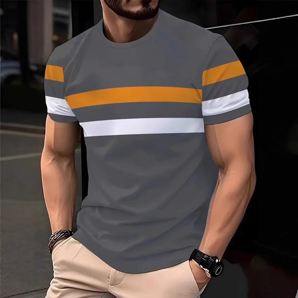 2025 Summer Men's Fashion 3D T Shirt Splicing Printed Colorblocking Casual Slim Short Sleeve Outdoor Sports Running Fitness Top