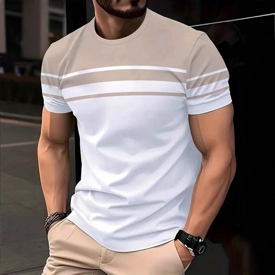 2025 Summer Men's Fashion 3D T Shirt Splicing Printed Colorblocking Casual Slim Short Sleeve Outdoor Sports Running Fitness Top