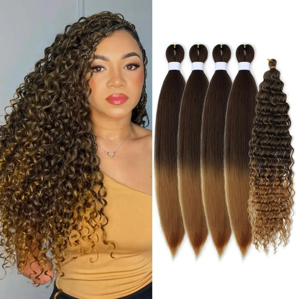 4+1 5 Dundle Deals Brown To Honey Blonde Curly Crochet Braids Pre Stretched,Ombre Knotless Boho Hair for Braiding Hair Synthetic