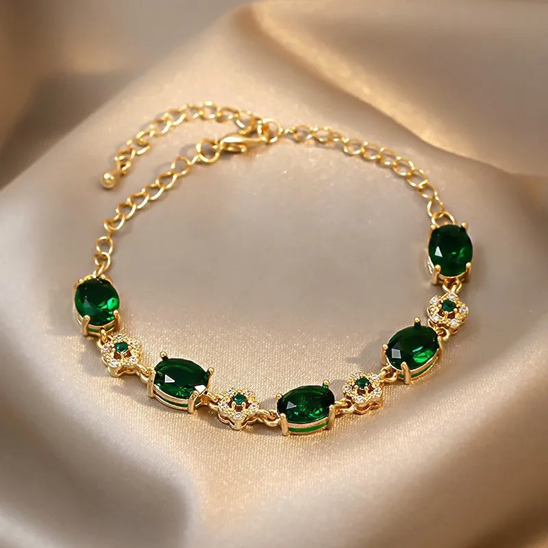 ZAKOL Luxury Green Crystal Zirconia Bracelet Gold Color Link Chain Bracelets For Women Vintage Party Wedding Bridal Jewelry Gift