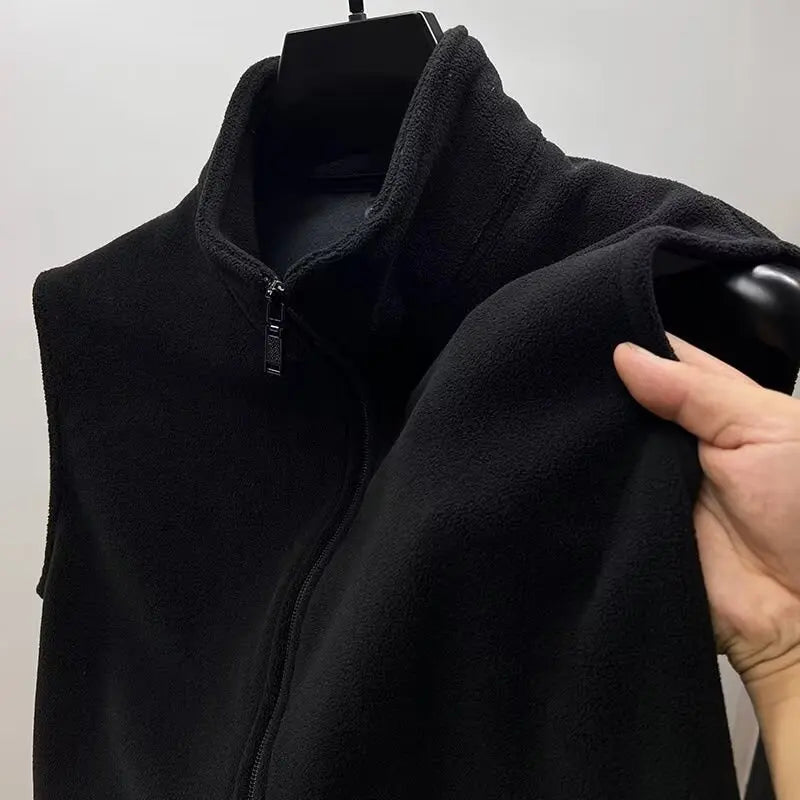 Thickened Zipper Closure Fleece Lined Double-sided Stand-up Collar Sleeveless Jacket for Men Autumn Winter Youth Casual Wear