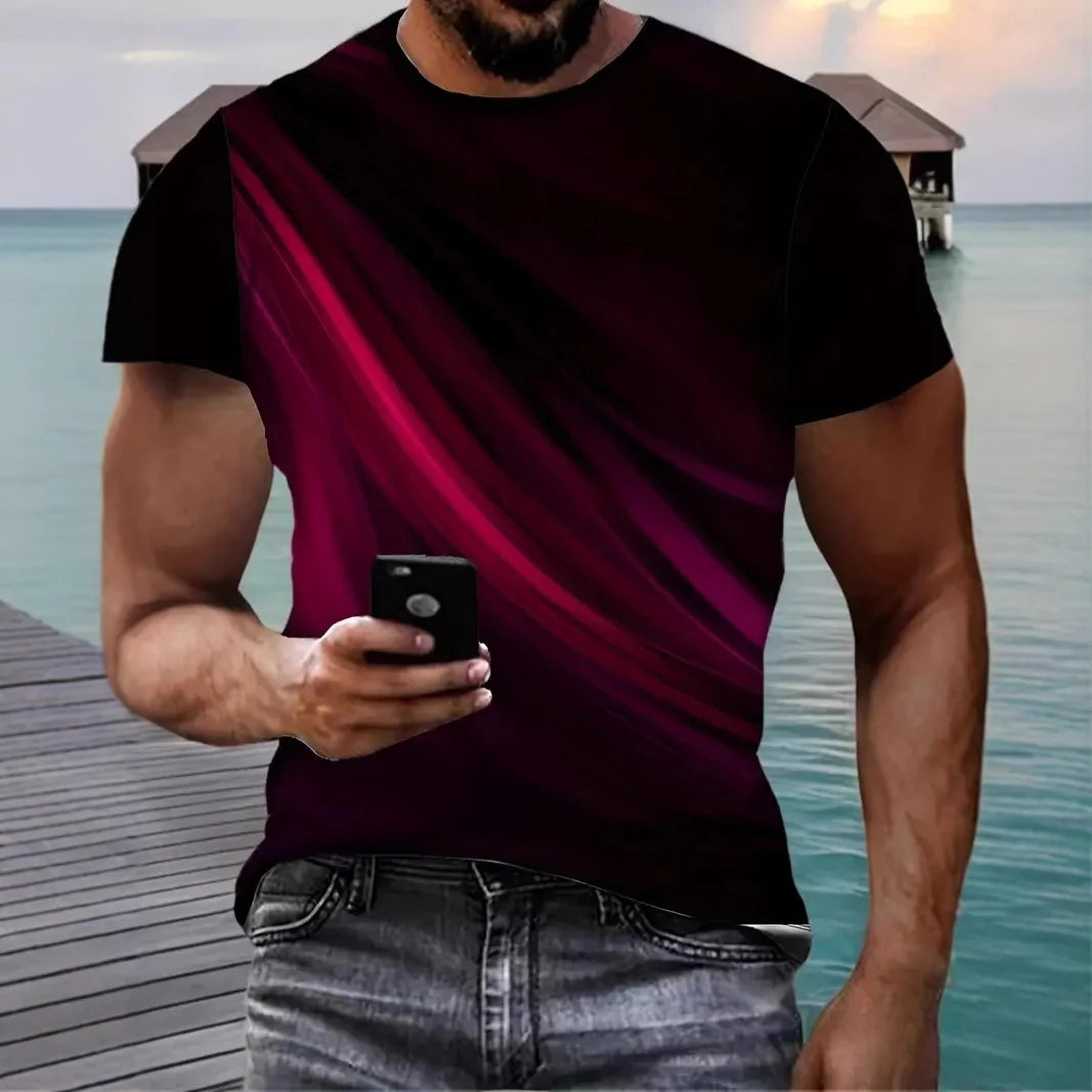 2025 Summer Men's Fashion 3D T Shirt Splicing Printed Colorblocking Casual Slim Short Sleeve Outdoor Sports Running Fitness Top