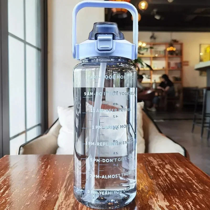 2L Straw Water Bottle Large Capacity Plastic Water Cup Portable Drink Bottle With Time Marker For Outdoor Sports