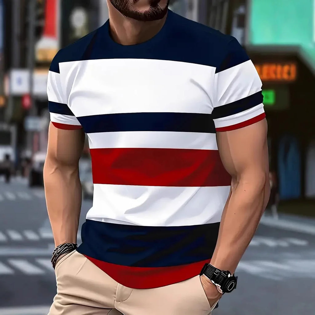 2025 Summer Men's Fashion 3D T Shirt Splicing Printed Colorblocking Casual Slim Short Sleeve Outdoor Sports Running Fitness Top