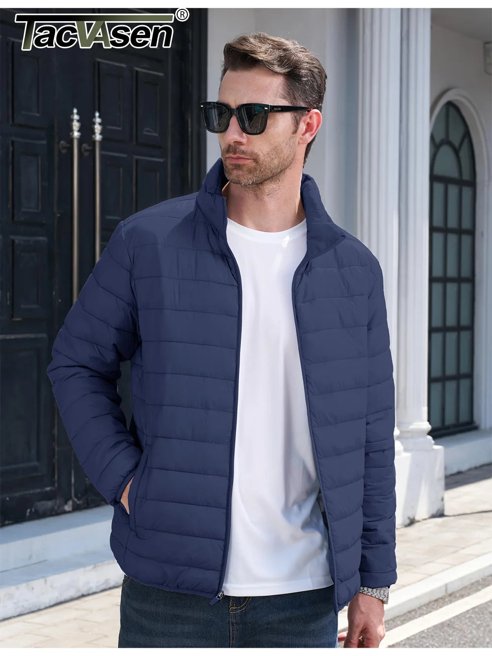 TACVASEN Stand Collar Lightweight Puffer Jackets Mens Quilted Jacket Water Resistant Ripstop Down Insulated Windbreaker Coats