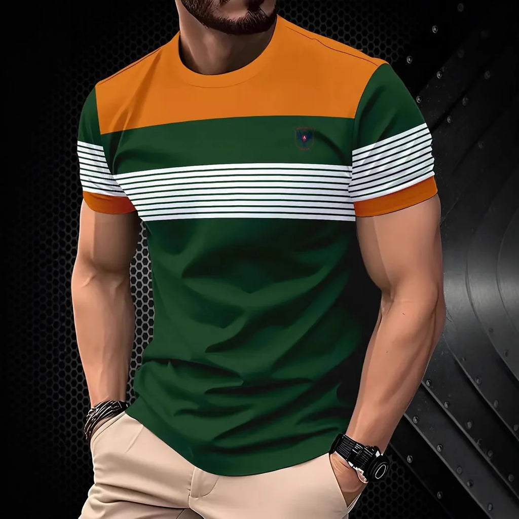 2025 Summer Men's Fashion 3D T Shirt Splicing Printed Colorblocking Casual Slim Short Sleeve Outdoor Sports Running Fitness Top