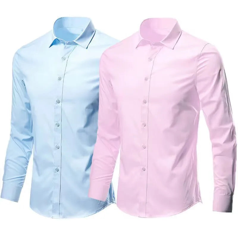 Men's Dress Shirt Elastic Spring Autumn Long Sleeve Anti-wrinkle Free ironing Business Without Pocket Soft Fashion Smooth Slim