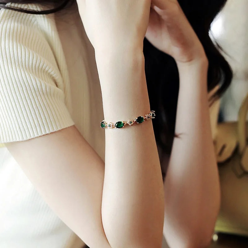 ZAKOL Luxury Green Crystal Zirconia Bracelet Gold Color Link Chain Bracelets For Women Vintage Party Wedding Bridal Jewelry Gift