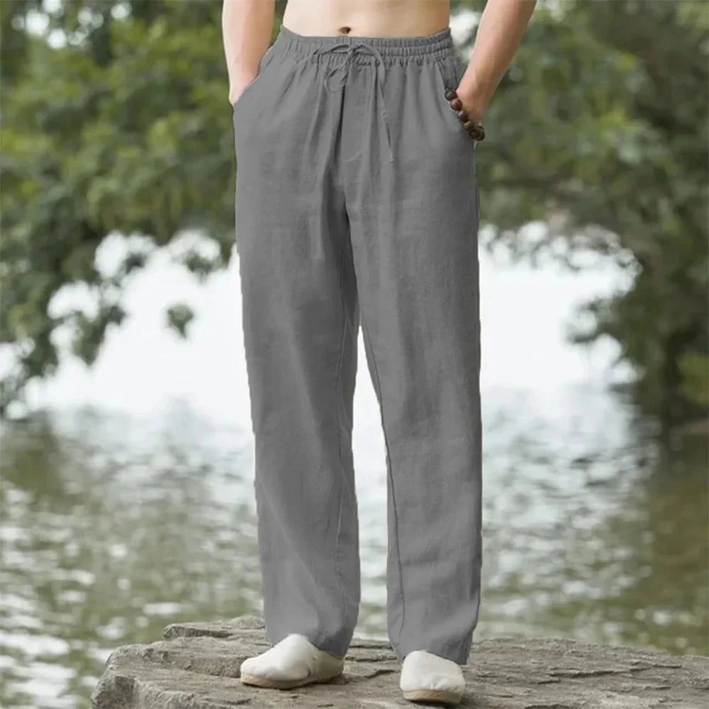 Summer Men's Cotton Linen Long Pants Solid Color Breathable Linen Trousers Male Casual Elastic Waist Casual Pants Harajuku Trous