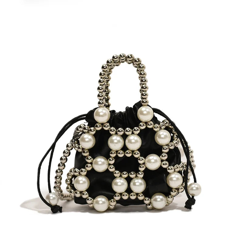 2024 Summer Small Shoulder Bags For Women Fine Fashion Hollow Pearl Beaded Weave Mini Handbags Trendy Party Prom Clutches Purses