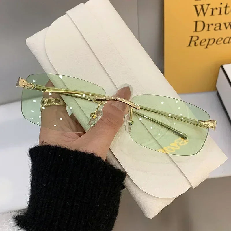 Classic Casual Sun Glasses UV400 Cut Edge Frameless Sunglasses New Rectangle Vintage Sunglasses with High Grade Leopard Style
