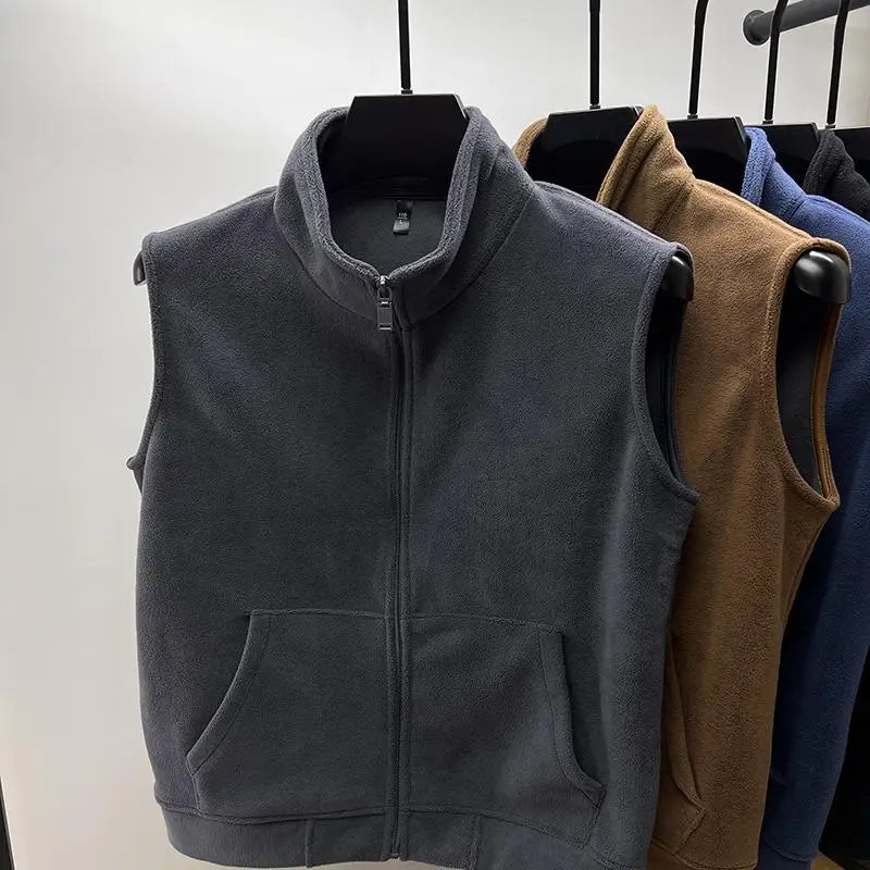 Thickened Zipper Closure Fleece Lined Double-sided Stand-up Collar Sleeveless Jacket for Men Autumn Winter Youth Casual Wear