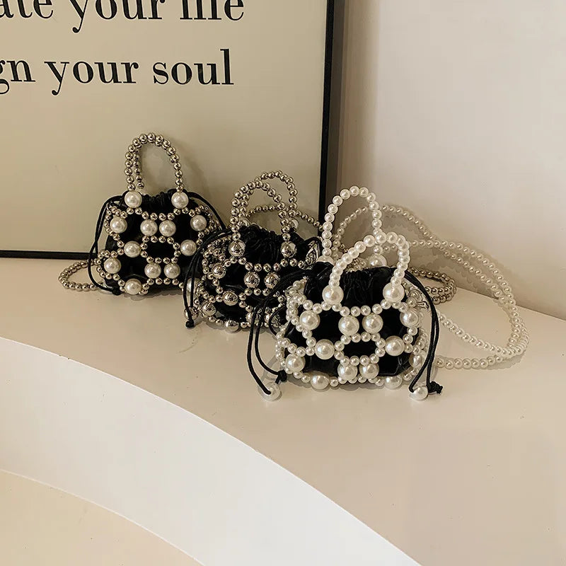 2024 Summer Small Shoulder Bags For Women Fine Fashion Hollow Pearl Beaded Weave Mini Handbags Trendy Party Prom Clutches Purses