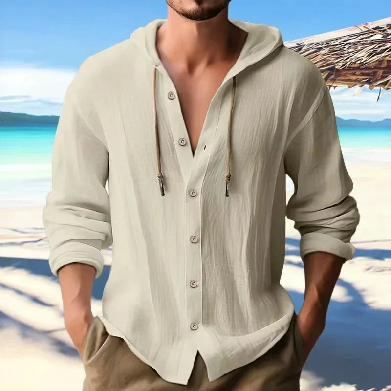 Summer Men's Linen Shirt Solid Streetwear Long Sleeve Hoodie Cardigan Clothing For Men Button Tops Casual Loose Men Hooded Shirt