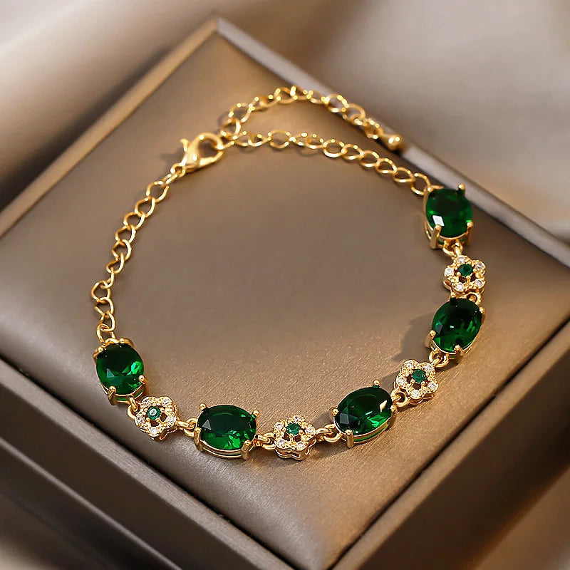 ZAKOL Luxury Green Crystal Zirconia Bracelet Gold Color Link Chain Bracelets For Women Vintage Party Wedding Bridal Jewelry Gift