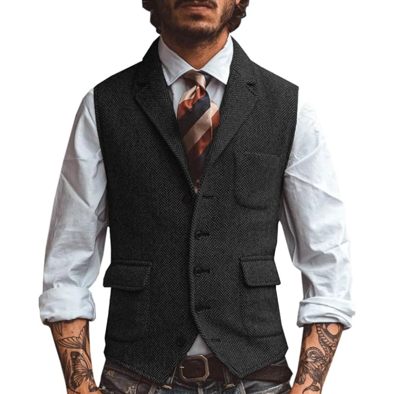Men Vest Brown Herringbone Business Waistcoat Jacket Casual Slim For Wedding Groom Banquet Gilet Vest