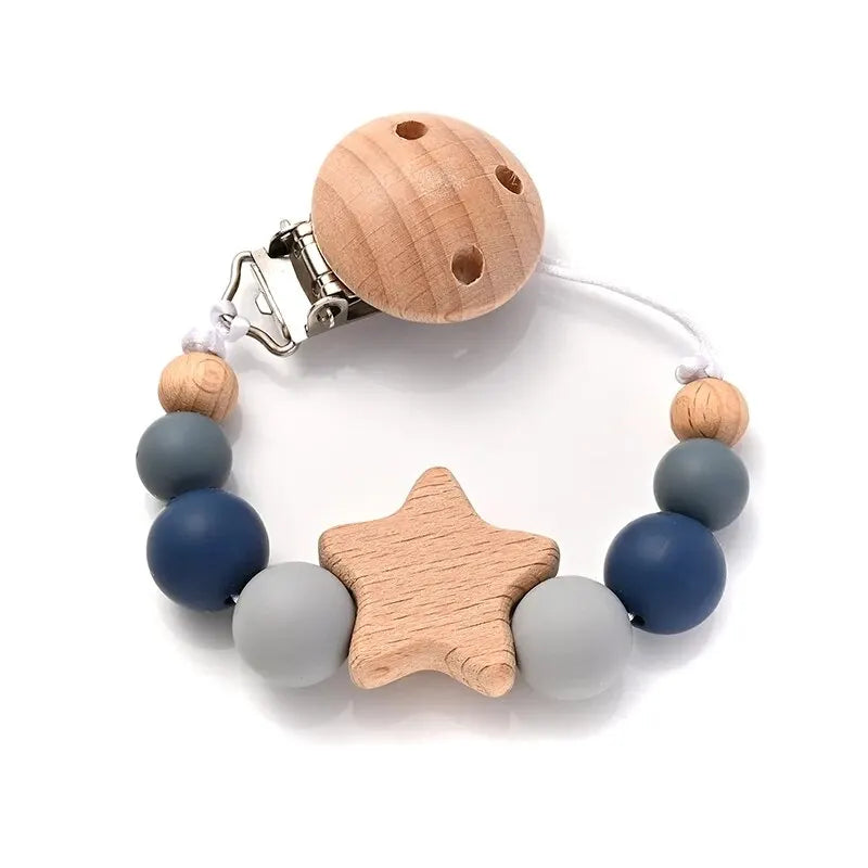 New Baby Pacifier Chain Clips Wood Pentagram Teether Silicone Round Beads Teething Chain For Care Soother Chew Toys Shower Gift