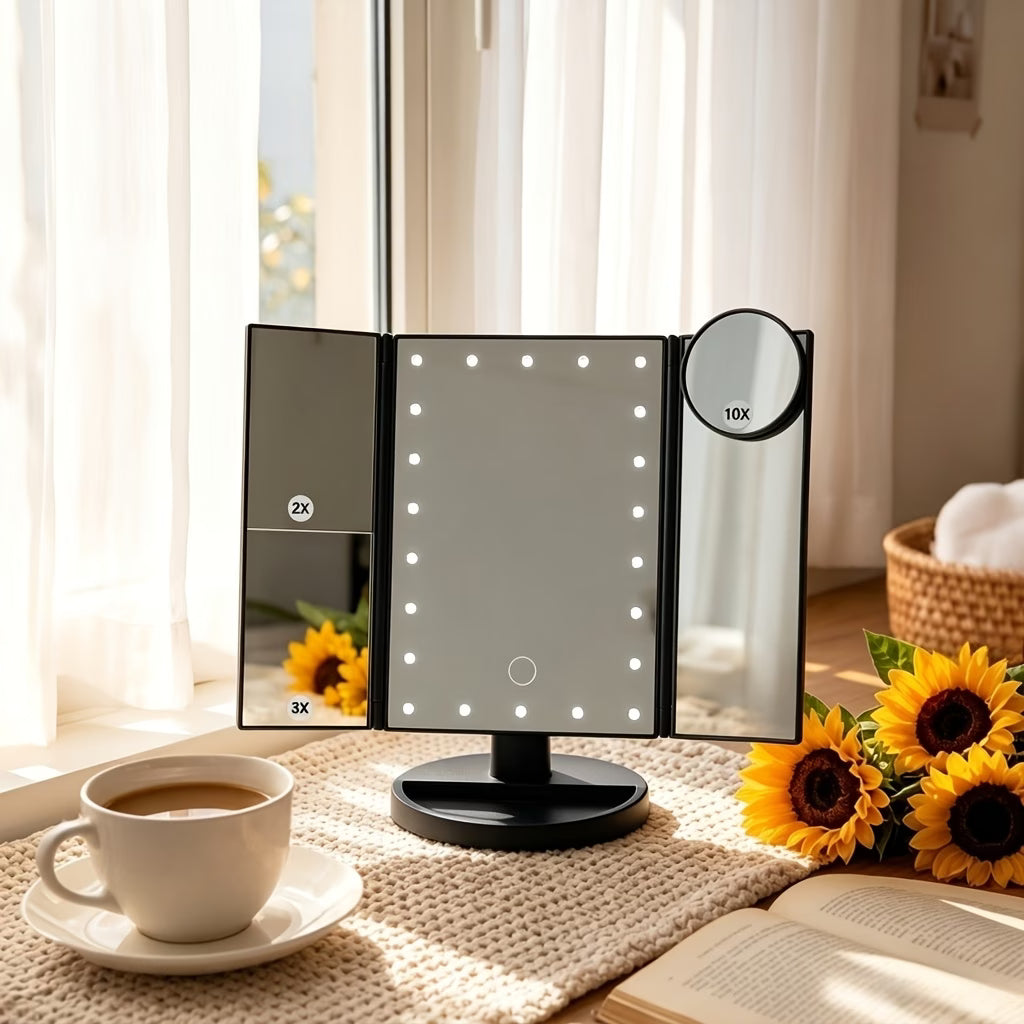 AuraGlow LED Vanity Mirror – Tri-Fold Touch Makeup Mirror